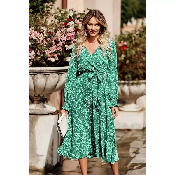 imagePRETTYGARDEN Womens Floral Print Boho Dress Long Sleeve Wrap V Neck Ruffle Belted ALine Flowy Maxi DressesBgreen