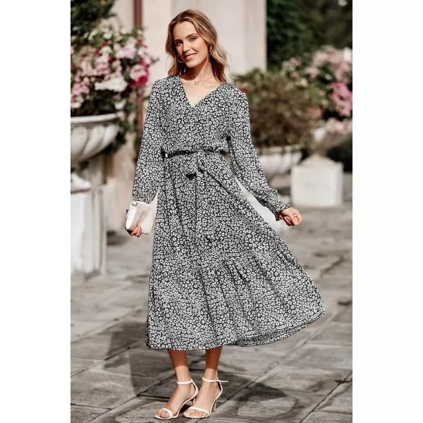 imagePRETTYGARDEN Womens Floral Print Boho Dress Long Sleeve Wrap V Neck Ruffle Belted ALine Flowy Maxi DressesBlack