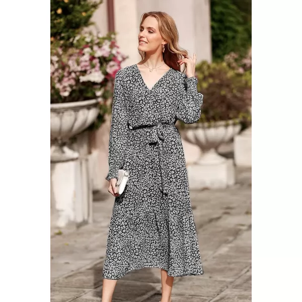 imagePRETTYGARDEN Womens Floral Print Boho Dress Long Sleeve Wrap V Neck Ruffle Belted ALine Flowy Maxi DressesBlack