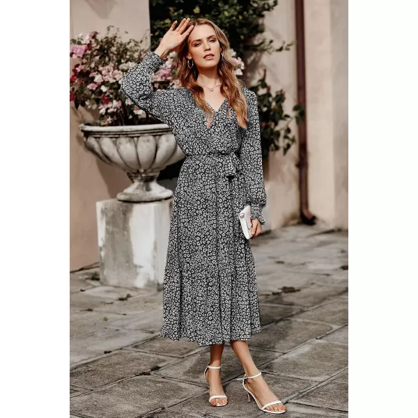 imagePRETTYGARDEN Womens Floral Print Boho Dress Long Sleeve Wrap V Neck Ruffle Belted ALine Flowy Maxi DressesBlack
