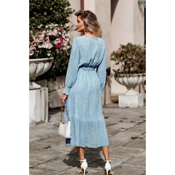 imagePRETTYGARDEN Womens Floral Print Boho Dress Long Sleeve Wrap V Neck Ruffle Belted ALine Flowy Maxi DressesDark Blue