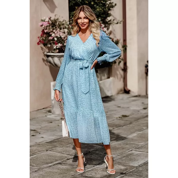 imagePRETTYGARDEN Womens Floral Print Boho Dress Long Sleeve Wrap V Neck Ruffle Belted ALine Flowy Maxi DressesDark Blue