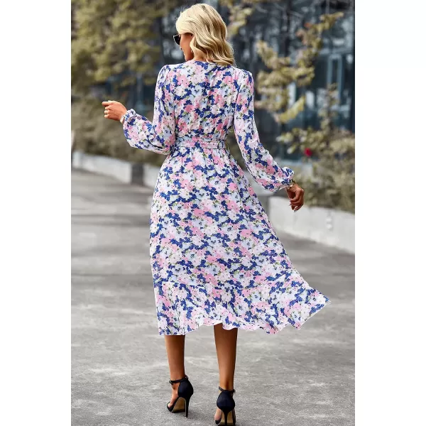 imagePRETTYGARDEN Womens Floral Print Boho Dress Long Sleeve Wrap V Neck Ruffle Belted ALine Flowy Maxi DressesFloral Apricot