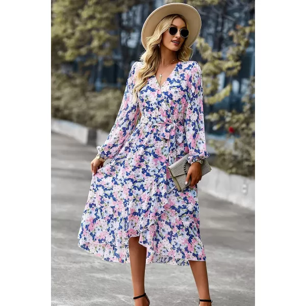 imagePRETTYGARDEN Womens Floral Print Boho Dress Long Sleeve Wrap V Neck Ruffle Belted ALine Flowy Maxi DressesFloral Apricot