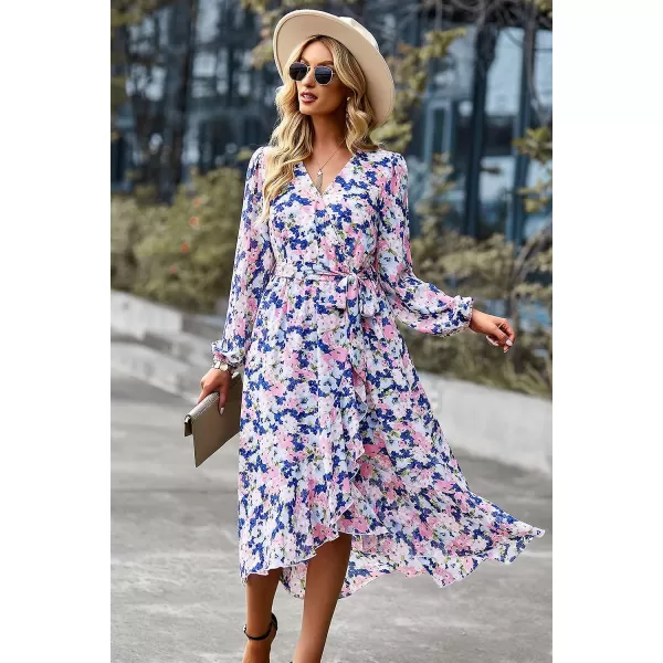 imagePRETTYGARDEN Womens Floral Print Boho Dress Long Sleeve Wrap V Neck Ruffle Belted ALine Flowy Maxi DressesFloral Apricot