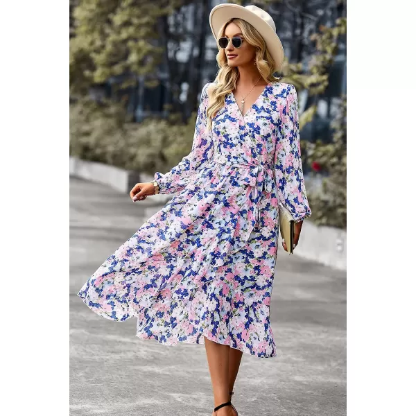 imagePRETTYGARDEN Womens Floral Print Boho Dress Long Sleeve Wrap V Neck Ruffle Belted ALine Flowy Maxi DressesFloral Apricot