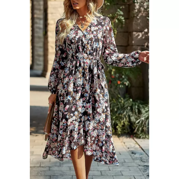 imagePRETTYGARDEN Womens Floral Print Boho Dress Long Sleeve Wrap V Neck Ruffle Belted ALine Flowy Maxi DressesFloral Black