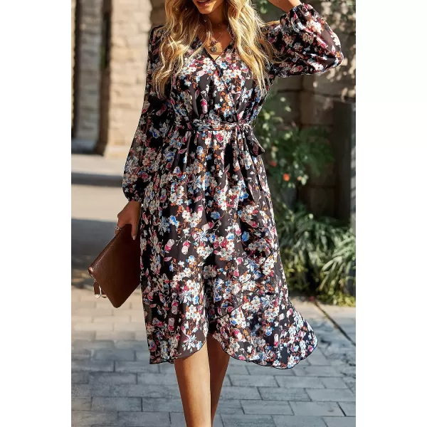 imagePRETTYGARDEN Womens Floral Print Boho Dress Long Sleeve Wrap V Neck Ruffle Belted ALine Flowy Maxi DressesFloral Black