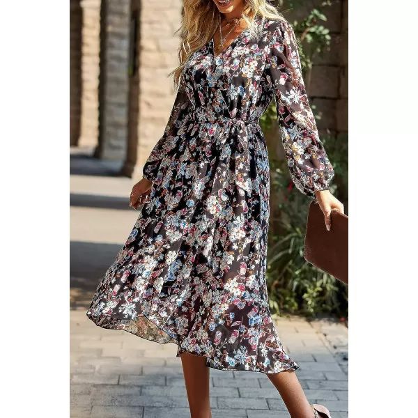 imagePRETTYGARDEN Womens Floral Print Boho Dress Long Sleeve Wrap V Neck Ruffle Belted ALine Flowy Maxi DressesFloral Black