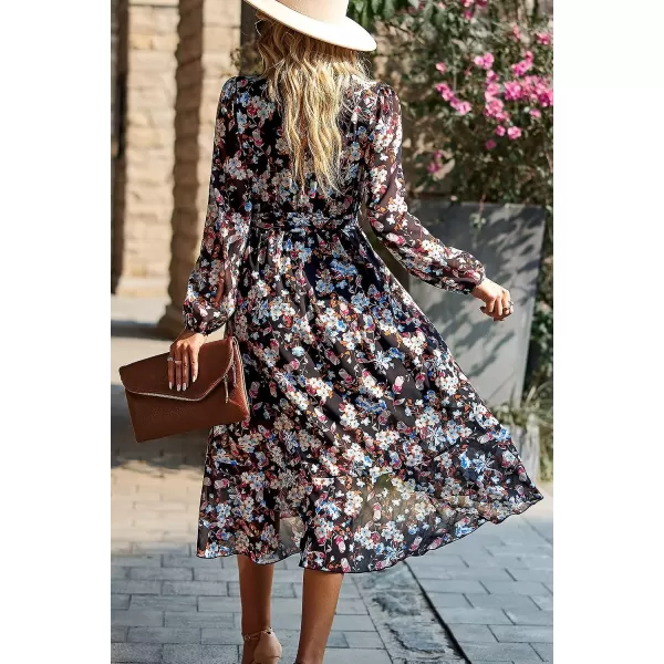 imagePRETTYGARDEN Womens Floral Print Boho Dress Long Sleeve Wrap V Neck Ruffle Belted ALine Flowy Maxi DressesFloral Black