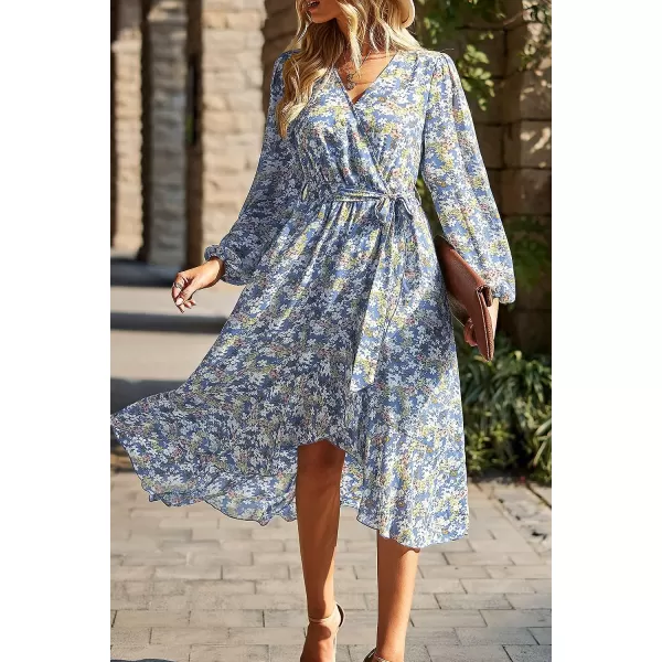 imagePRETTYGARDEN Womens Floral Print Boho Dress Long Sleeve Wrap V Neck Ruffle Belted ALine Flowy Maxi DressesFloral Blue