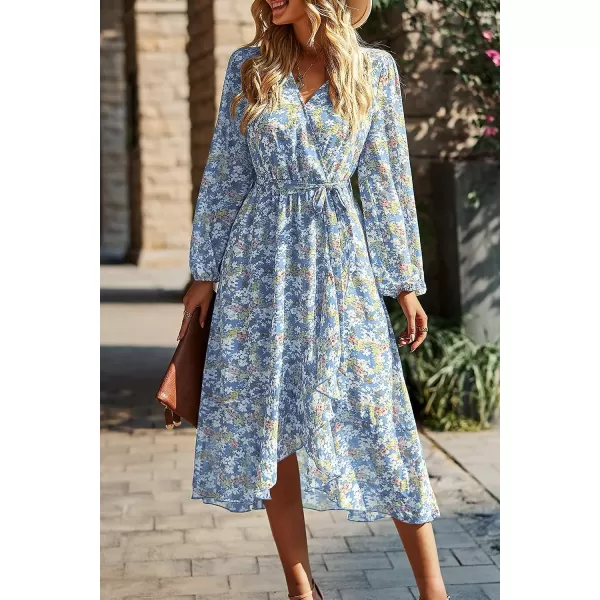 imagePRETTYGARDEN Womens Floral Print Boho Dress Long Sleeve Wrap V Neck Ruffle Belted ALine Flowy Maxi DressesFloral Blue