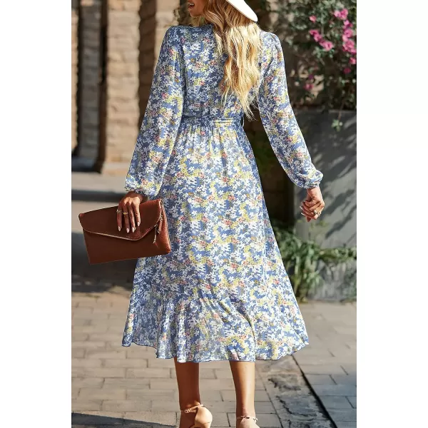 imagePRETTYGARDEN Womens Floral Print Boho Dress Long Sleeve Wrap V Neck Ruffle Belted ALine Flowy Maxi DressesFloral Blue