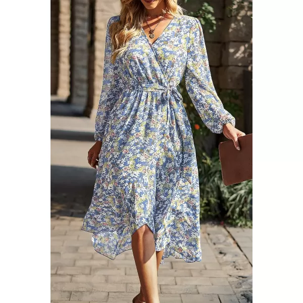 imagePRETTYGARDEN Womens Floral Print Boho Dress Long Sleeve Wrap V Neck Ruffle Belted ALine Flowy Maxi DressesFloral Blue