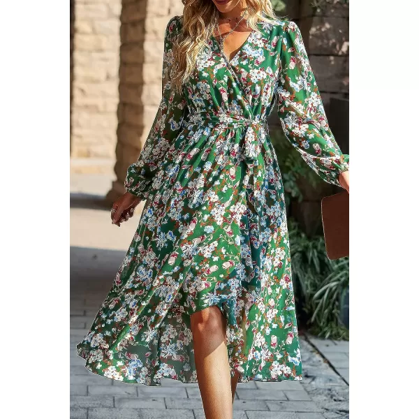 imagePRETTYGARDEN Womens Floral Print Boho Dress Long Sleeve Wrap V Neck Ruffle Belted ALine Flowy Maxi DressesFloral Green
