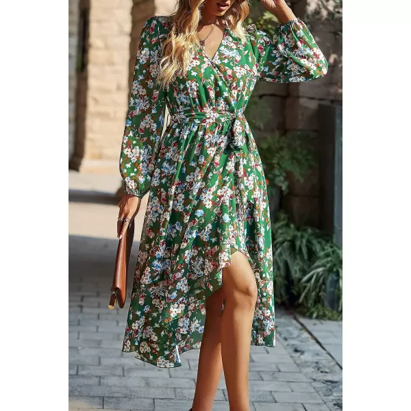 imagePRETTYGARDEN Womens Floral Print Boho Dress Long Sleeve Wrap V Neck Ruffle Belted ALine Flowy Maxi DressesFloral Green