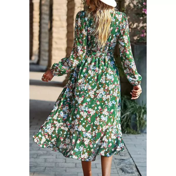 imagePRETTYGARDEN Womens Floral Print Boho Dress Long Sleeve Wrap V Neck Ruffle Belted ALine Flowy Maxi DressesFloral Green
