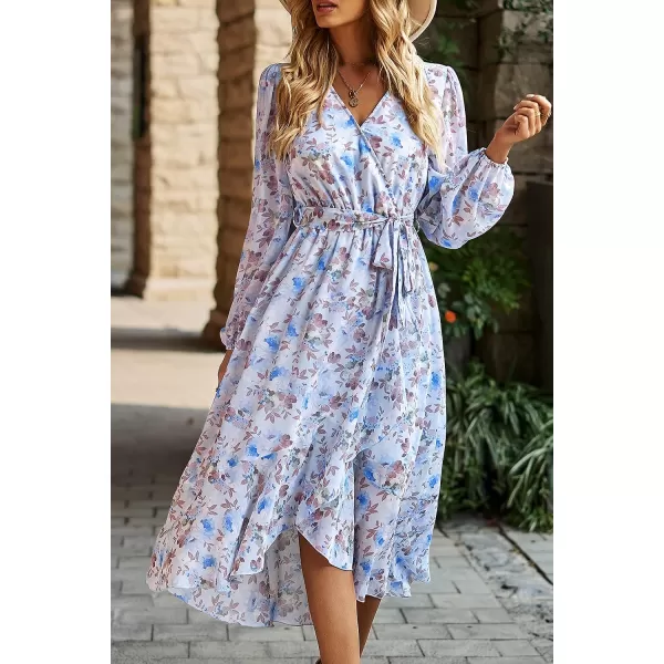 imagePRETTYGARDEN Womens Floral Print Boho Dress Long Sleeve Wrap V Neck Ruffle Belted ALine Flowy Maxi DressesFloral Light Blue