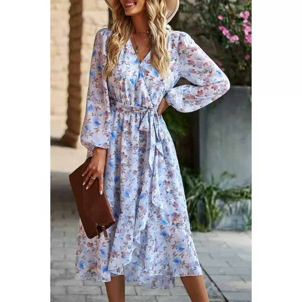 imagePRETTYGARDEN Womens Floral Print Boho Dress Long Sleeve Wrap V Neck Ruffle Belted ALine Flowy Maxi DressesFloral Light Blue