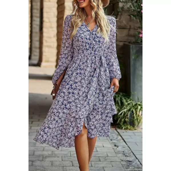 imagePRETTYGARDEN Womens Floral Print Boho Dress Long Sleeve Wrap V Neck Ruffle Belted ALine Flowy Maxi DressesFloral Navy