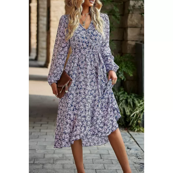 imagePRETTYGARDEN Womens Floral Print Boho Dress Long Sleeve Wrap V Neck Ruffle Belted ALine Flowy Maxi DressesFloral Navy