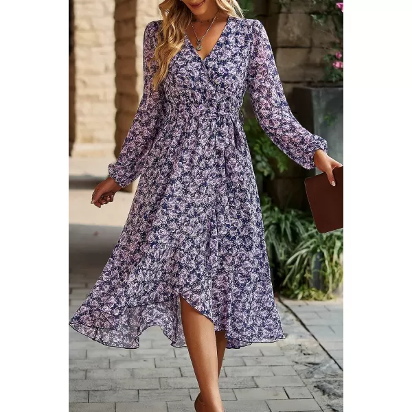 imagePRETTYGARDEN Womens Floral Print Boho Dress Long Sleeve Wrap V Neck Ruffle Belted ALine Flowy Maxi DressesFloral Navy