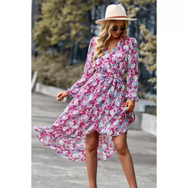 imagePRETTYGARDEN Womens Floral Print Boho Dress Long Sleeve Wrap V Neck Ruffle Belted ALine Flowy Maxi DressesFloral Pink