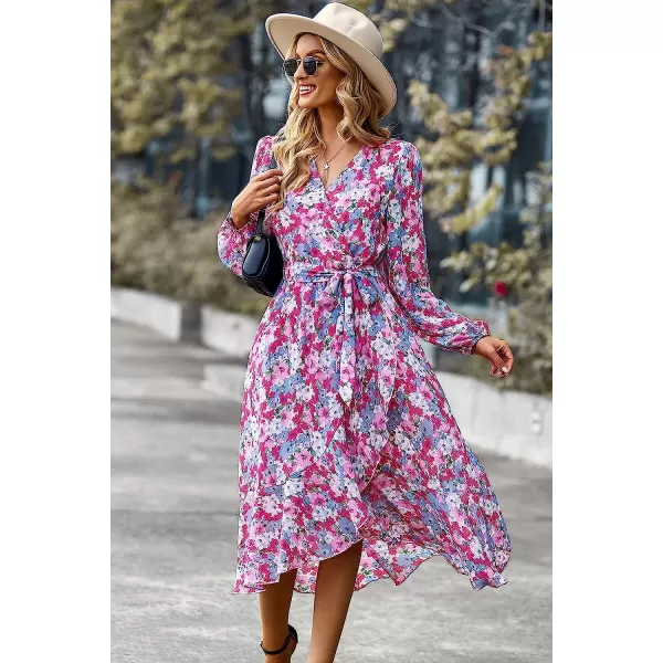 imagePRETTYGARDEN Womens Floral Print Boho Dress Long Sleeve Wrap V Neck Ruffle Belted ALine Flowy Maxi DressesFloral Pink