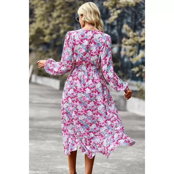 imagePRETTYGARDEN Womens Floral Print Boho Dress Long Sleeve Wrap V Neck Ruffle Belted ALine Flowy Maxi DressesFloral Pink