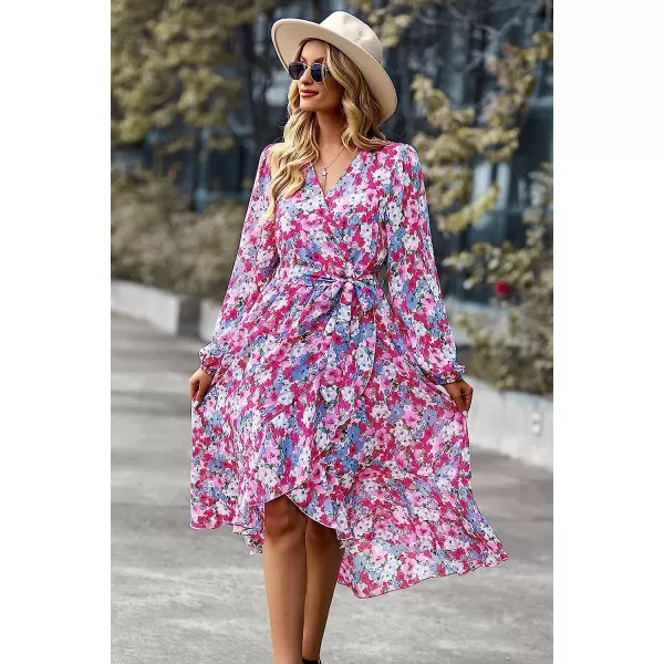 imagePRETTYGARDEN Womens Floral Print Boho Dress Long Sleeve Wrap V Neck Ruffle Belted ALine Flowy Maxi DressesFloral Pink