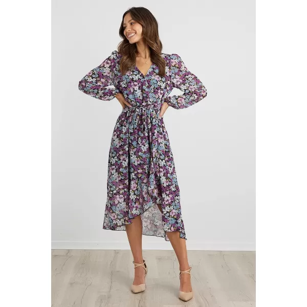 imagePRETTYGARDEN Womens Floral Print Boho Dress Long Sleeve Wrap V Neck Ruffle Belted ALine Flowy Maxi DressesFloral Purple