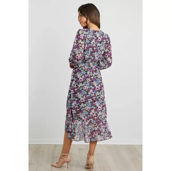 imagePRETTYGARDEN Womens Floral Print Boho Dress Long Sleeve Wrap V Neck Ruffle Belted ALine Flowy Maxi DressesFloral Purple