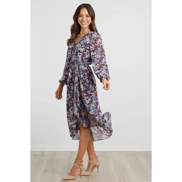 imagePRETTYGARDEN Womens Floral Print Boho Dress Long Sleeve Wrap V Neck Ruffle Belted ALine Flowy Maxi DressesFloral Purple