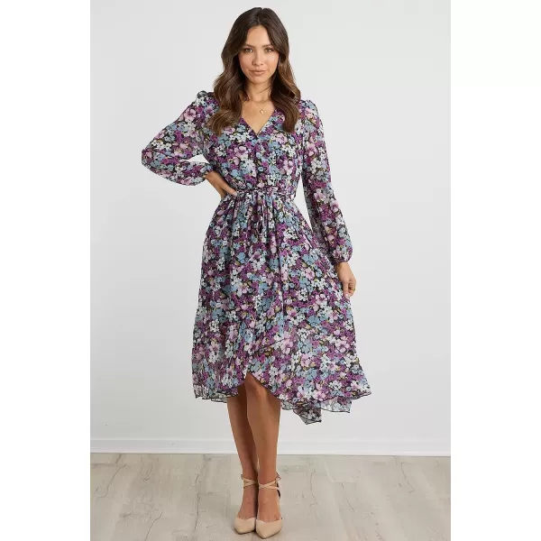 imagePRETTYGARDEN Womens Floral Print Boho Dress Long Sleeve Wrap V Neck Ruffle Belted ALine Flowy Maxi DressesFloral Purple