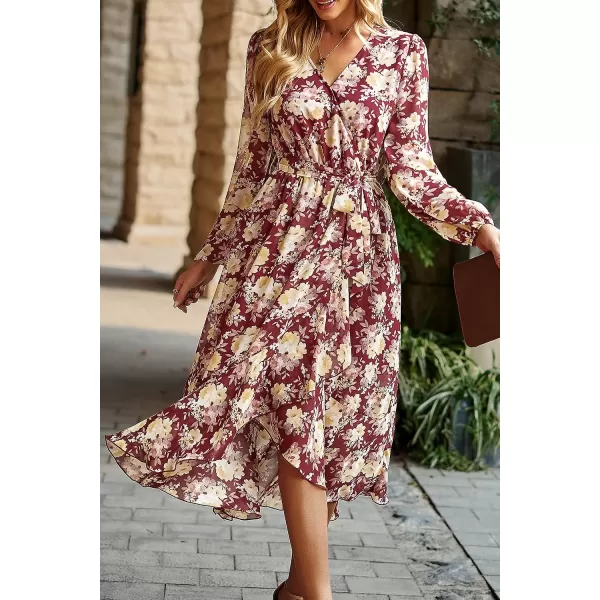 imagePRETTYGARDEN Womens Floral Print Boho Dress Long Sleeve Wrap V Neck Ruffle Belted ALine Flowy Maxi DressesFloral Wine Red