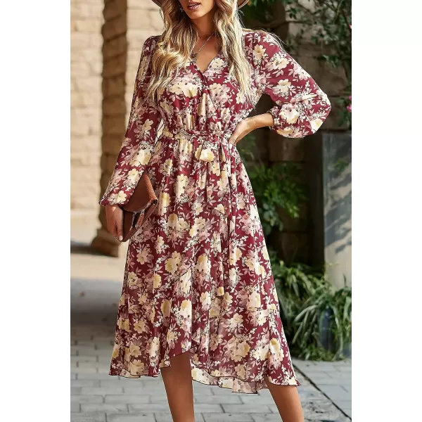 imagePRETTYGARDEN Womens Floral Print Boho Dress Long Sleeve Wrap V Neck Ruffle Belted ALine Flowy Maxi DressesFloral Wine Red