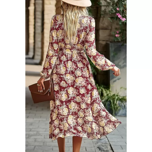 imagePRETTYGARDEN Womens Floral Print Boho Dress Long Sleeve Wrap V Neck Ruffle Belted ALine Flowy Maxi DressesFloral Wine Red
