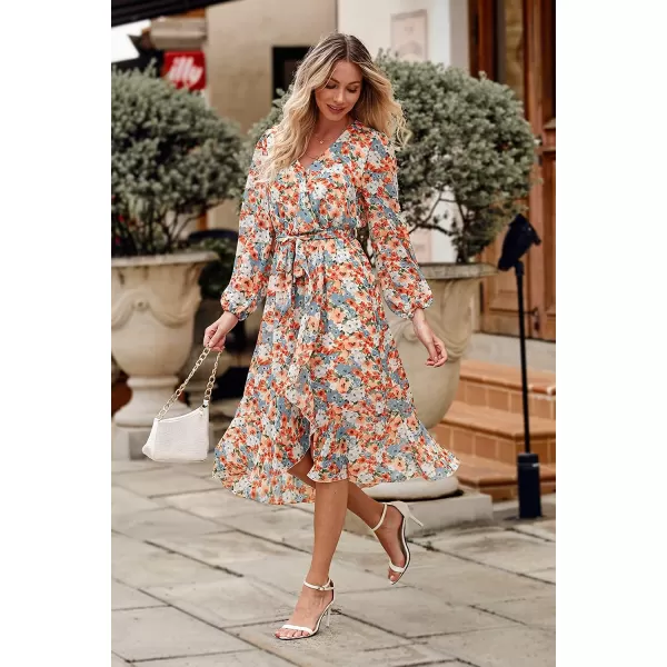 imagePRETTYGARDEN Womens Floral Print Boho Dress Long Sleeve Wrap V Neck Ruffle Belted ALine Flowy Maxi DressesFloral Yellow