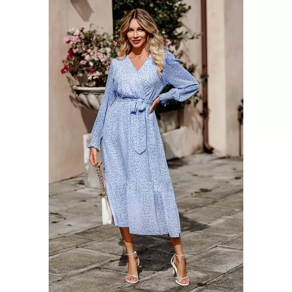 imagePRETTYGARDEN Womens Floral Print Boho Dress Long Sleeve Wrap V Neck Ruffle Belted ALine Flowy Maxi DressesLight Blue