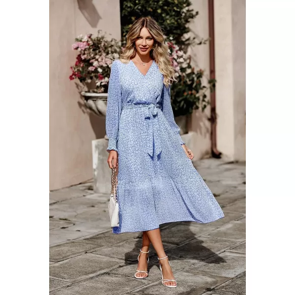 imagePRETTYGARDEN Womens Floral Print Boho Dress Long Sleeve Wrap V Neck Ruffle Belted ALine Flowy Maxi DressesLight Blue