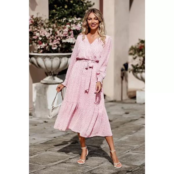 imagePRETTYGARDEN Womens Floral Print Boho Dress Long Sleeve Wrap V Neck Ruffle Belted ALine Flowy Maxi DressesPink