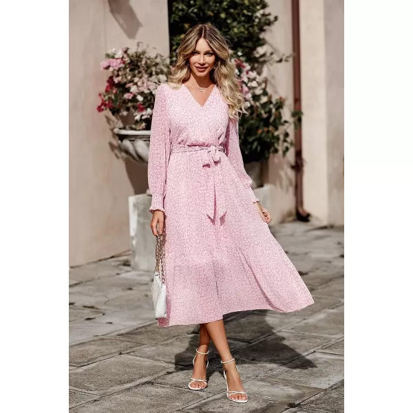 imagePRETTYGARDEN Womens Floral Print Boho Dress Long Sleeve Wrap V Neck Ruffle Belted ALine Flowy Maxi DressesPink