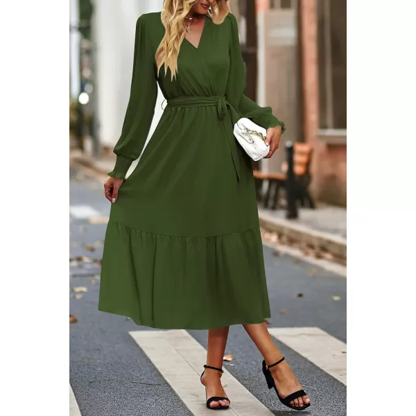 imagePRETTYGARDEN Womens Floral Print Boho Dress Long Sleeve Wrap V Neck Ruffle Belted ALine Flowy Maxi DressesSolid Army Green