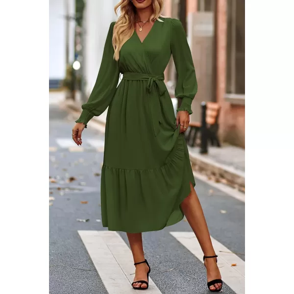 imagePRETTYGARDEN Womens Floral Print Boho Dress Long Sleeve Wrap V Neck Ruffle Belted ALine Flowy Maxi DressesSolid Army Green