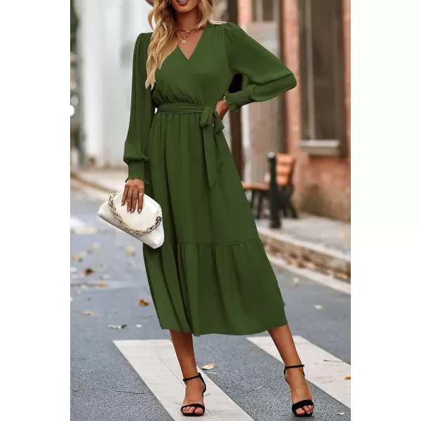 imagePRETTYGARDEN Womens Floral Print Boho Dress Long Sleeve Wrap V Neck Ruffle Belted ALine Flowy Maxi DressesSolid Army Green