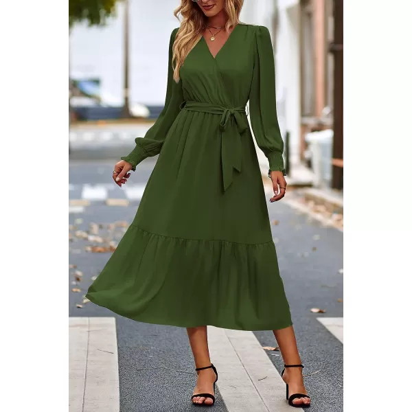imagePRETTYGARDEN Womens Floral Print Boho Dress Long Sleeve Wrap V Neck Ruffle Belted ALine Flowy Maxi DressesSolid Army Green