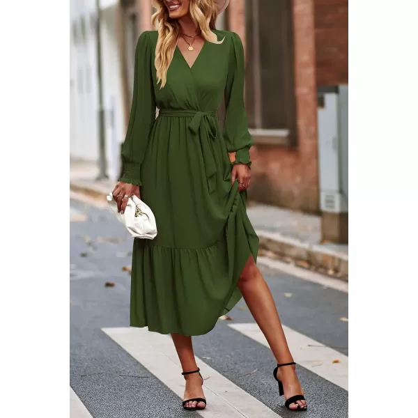 imagePRETTYGARDEN Womens Floral Print Boho Dress Long Sleeve Wrap V Neck Ruffle Belted ALine Flowy Maxi DressesSolid Army Green