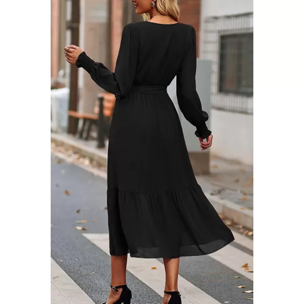 imagePRETTYGARDEN Womens Floral Print Boho Dress Long Sleeve Wrap V Neck Ruffle Belted ALine Flowy Maxi DressesSolid Black