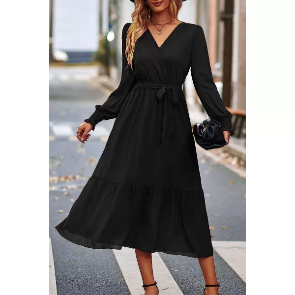 imagePRETTYGARDEN Womens Floral Print Boho Dress Long Sleeve Wrap V Neck Ruffle Belted ALine Flowy Maxi DressesSolid Black
