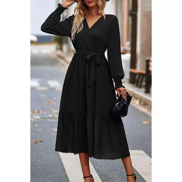 imagePRETTYGARDEN Womens Floral Print Boho Dress Long Sleeve Wrap V Neck Ruffle Belted ALine Flowy Maxi DressesSolid Black